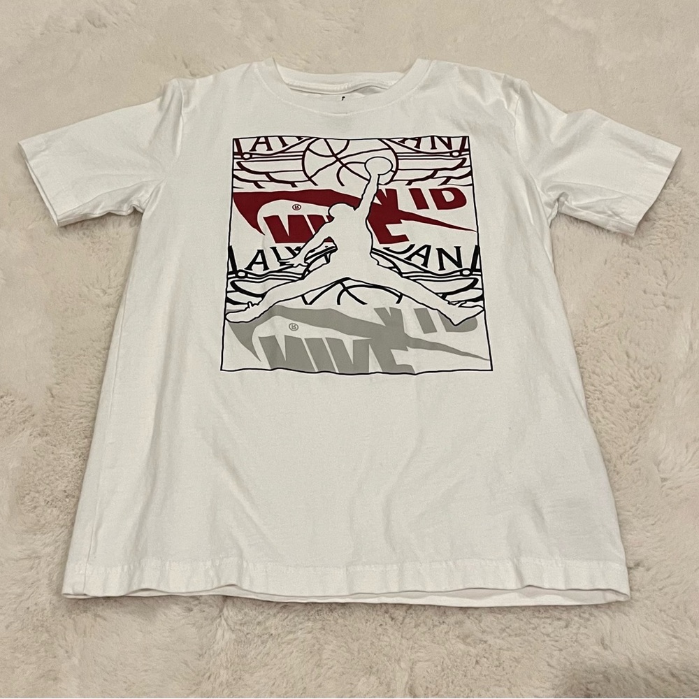 Nike Jordan Boys White Graphic T-Shirt with Red and Gray Design